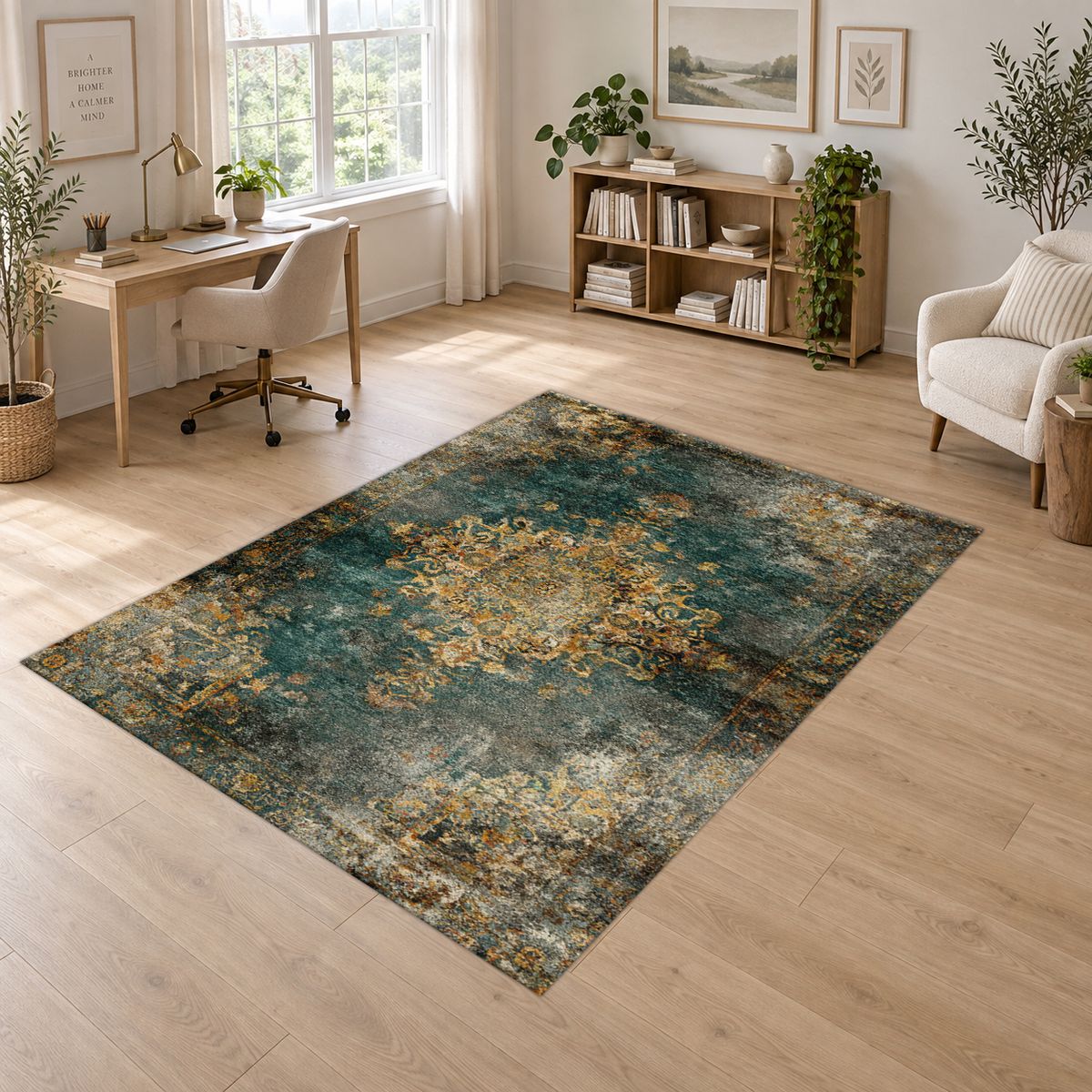 Emerald and Gold Distressed Medallion printed area rug
