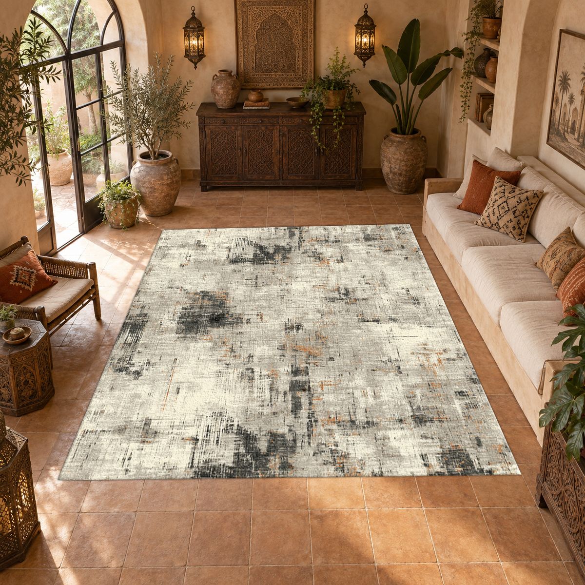Gray and White Abstract Distressed printed area rug