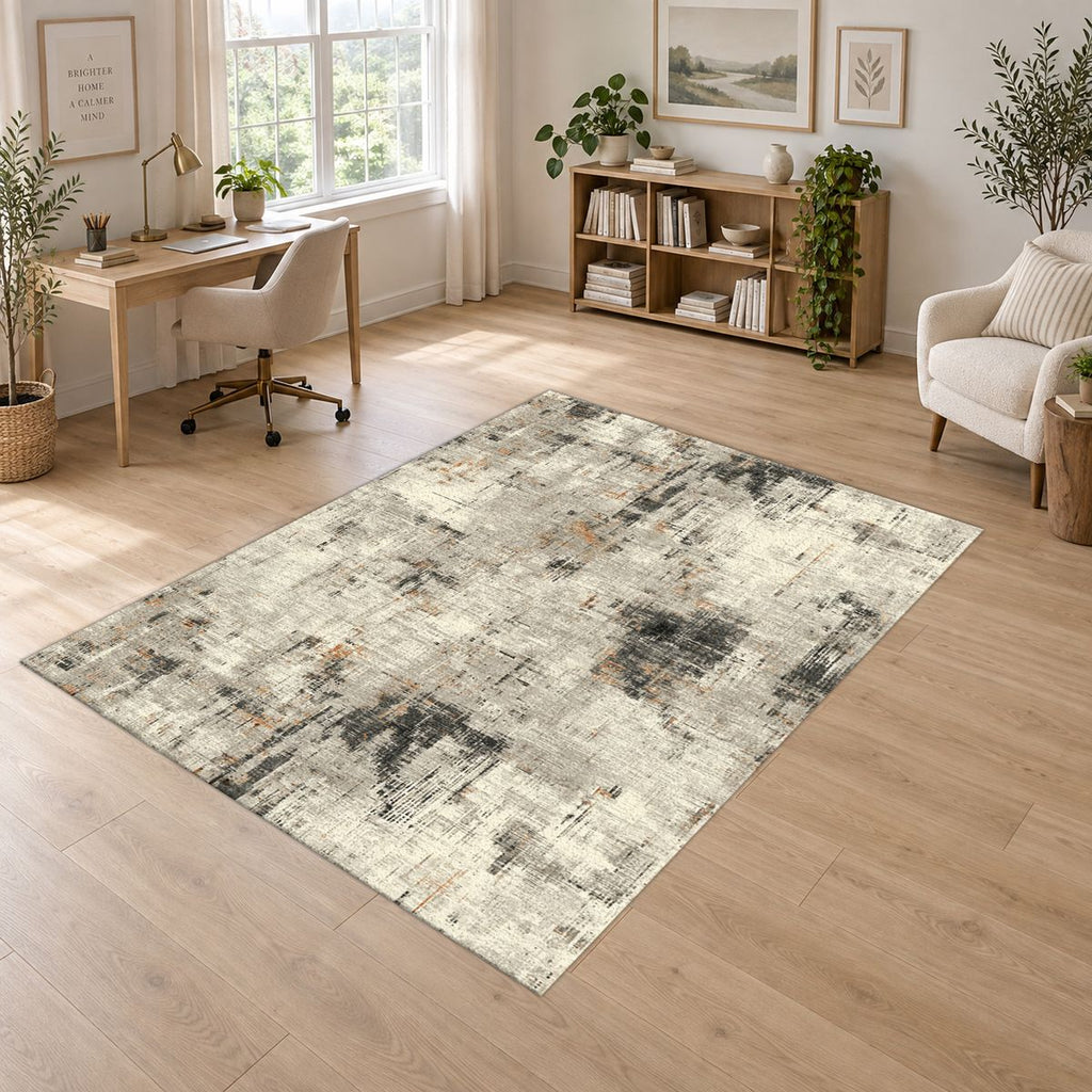 Gray and White Abstract Distressed printed area rug