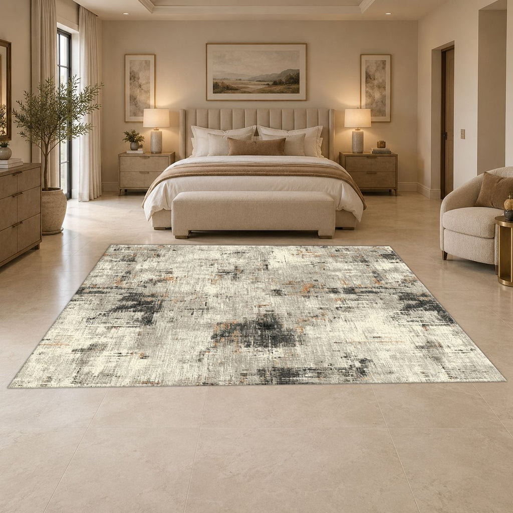 Gray and White Abstract Distressed printed area rug