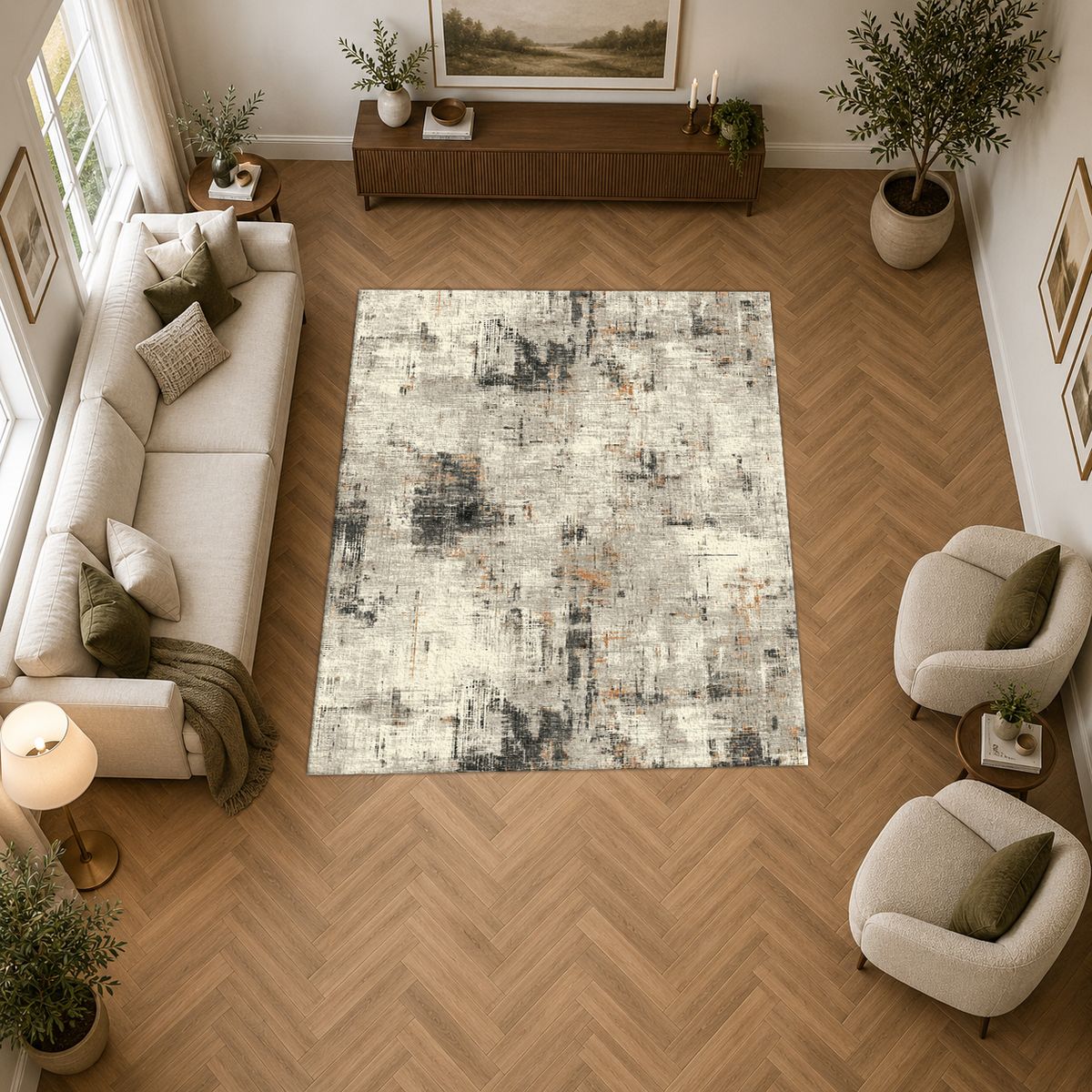 Gray and White Abstract Distressed printed area rug
