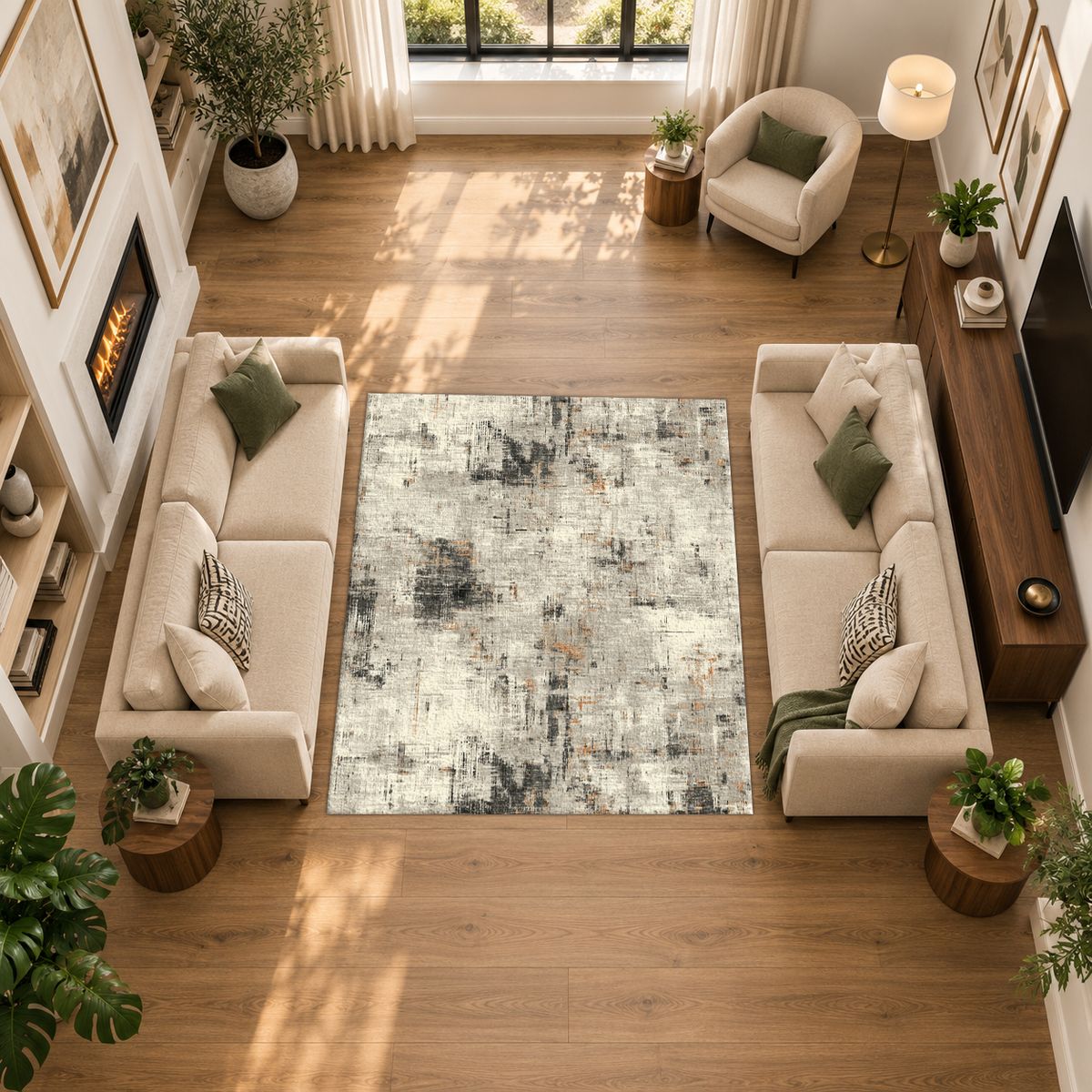 Gray and White Abstract Distressed printed area rug