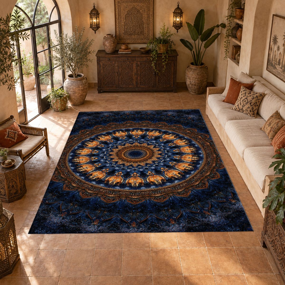 Navy and Gold Concentric Mandala printed area rug