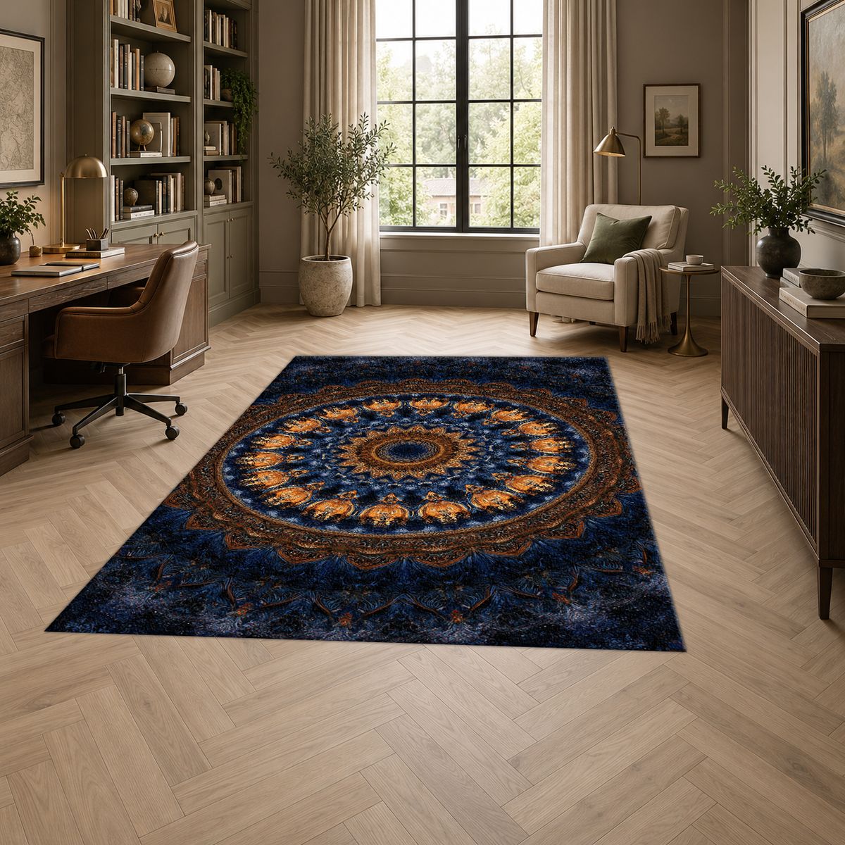 Navy and Gold Concentric Mandala printed area rug
