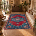 Red and Turquoise Bohemian Medallion printed area rug