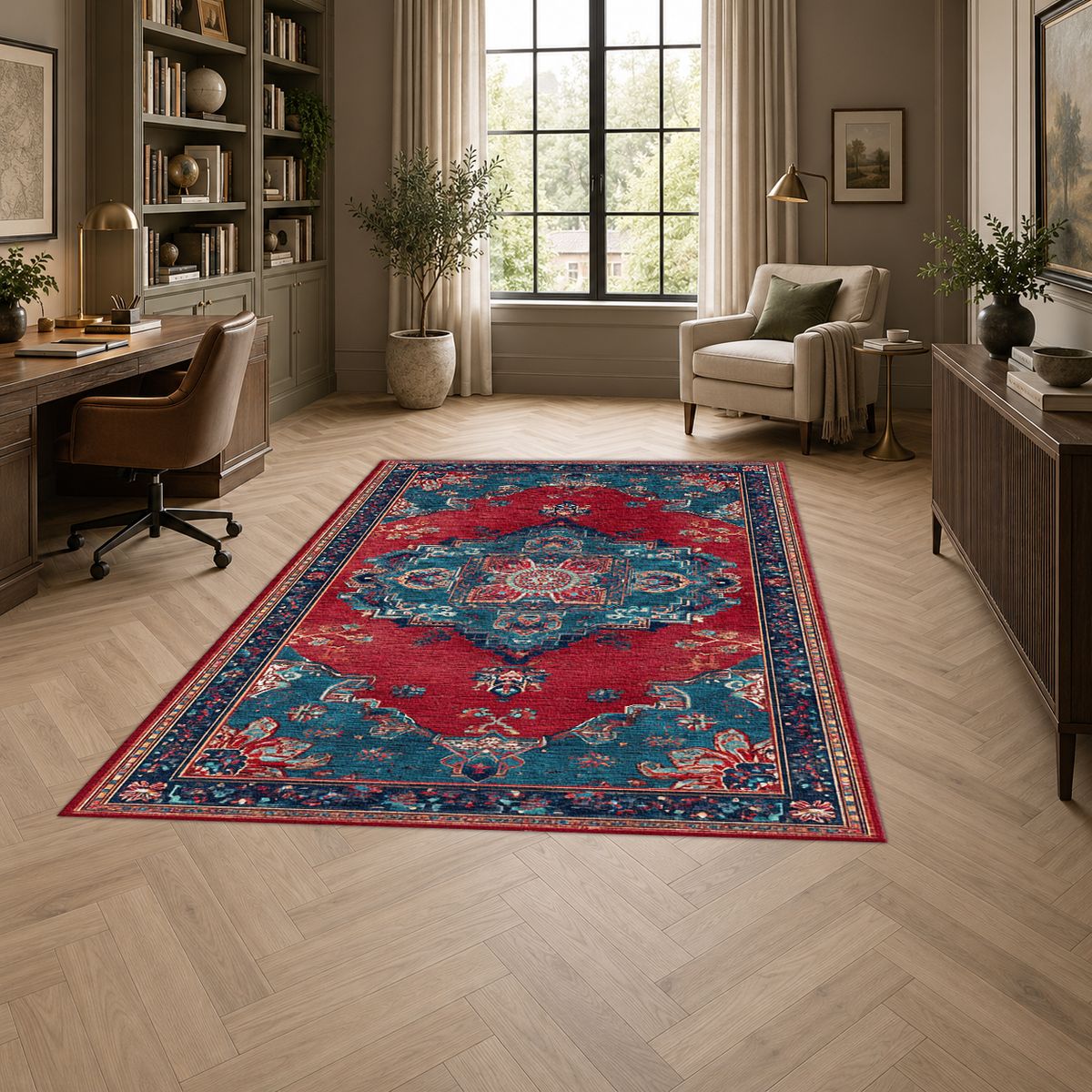 Red and Turquoise Bohemian Medallion printed area rug