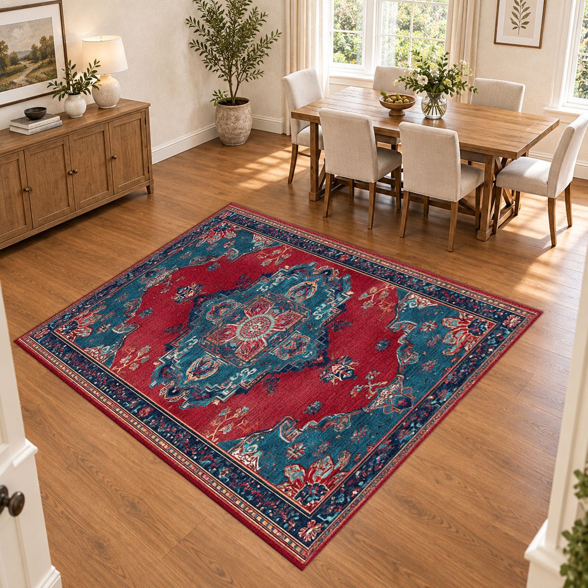 Red and Turquoise Bohemian Medallion printed area rug