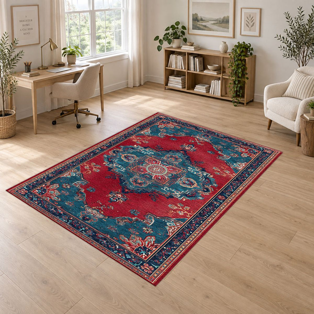 Red and Turquoise Bohemian Medallion printed area rug