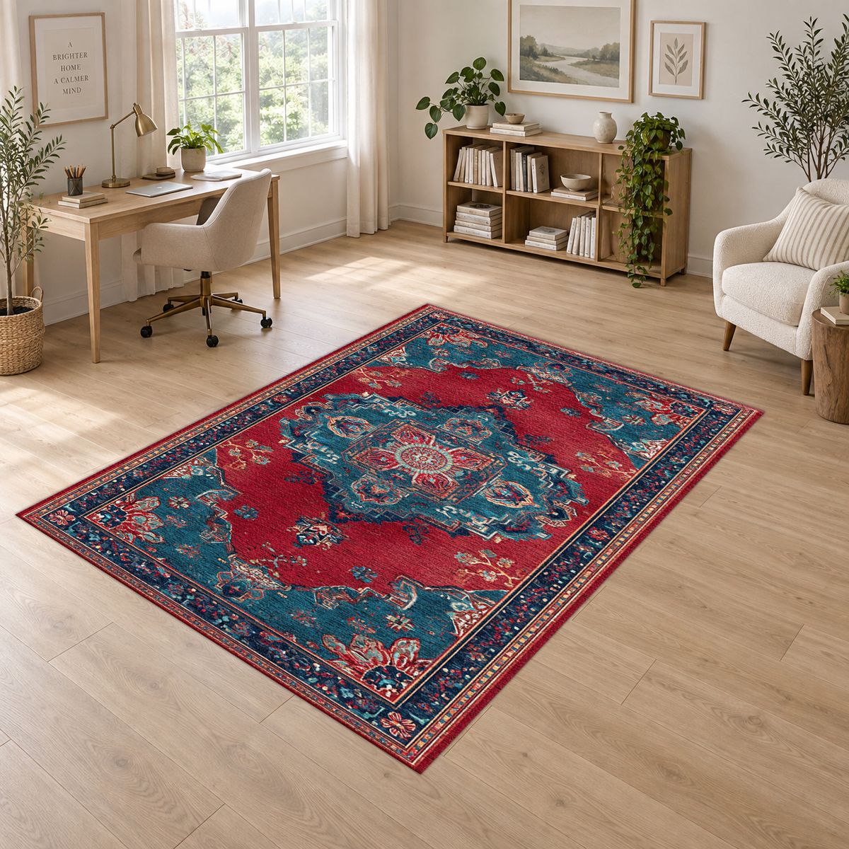 Red and Turquoise Bohemian Medallion printed area rug
