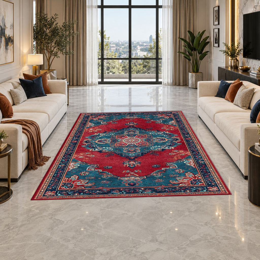 Red and Turquoise Bohemian Medallion printed area rug