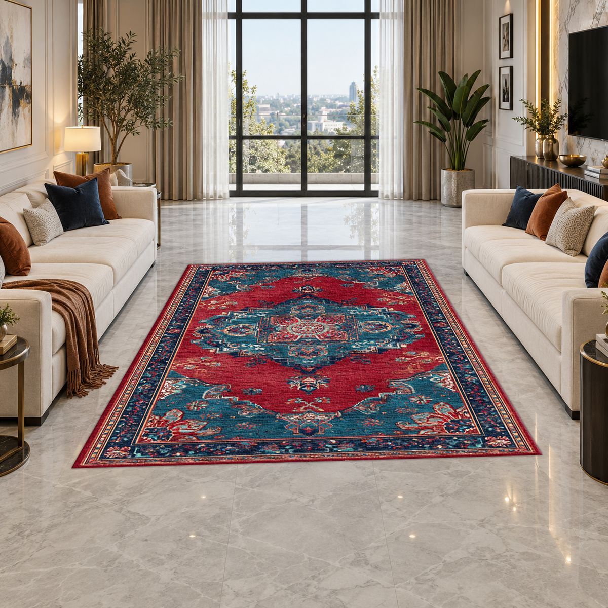 Red and Turquoise Bohemian Medallion printed area rug