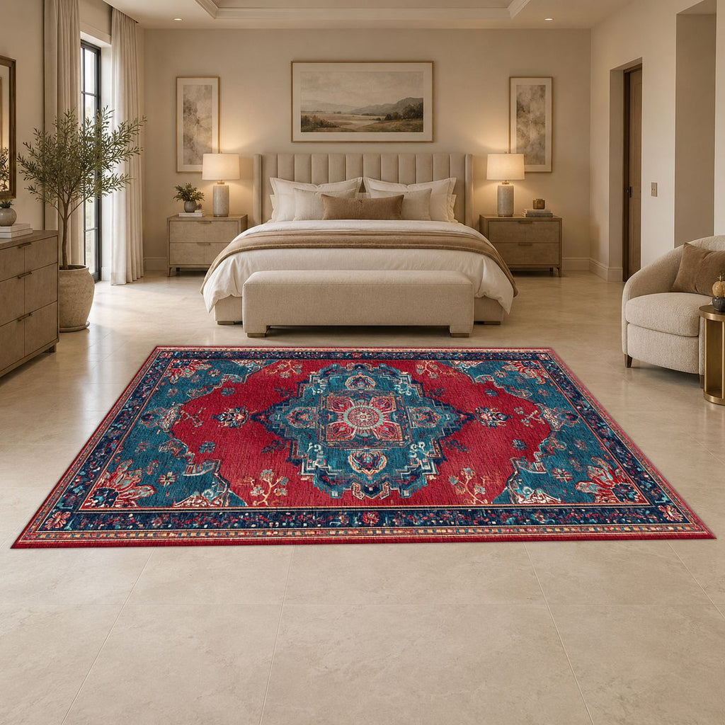 Red and Turquoise Bohemian Medallion printed area rug