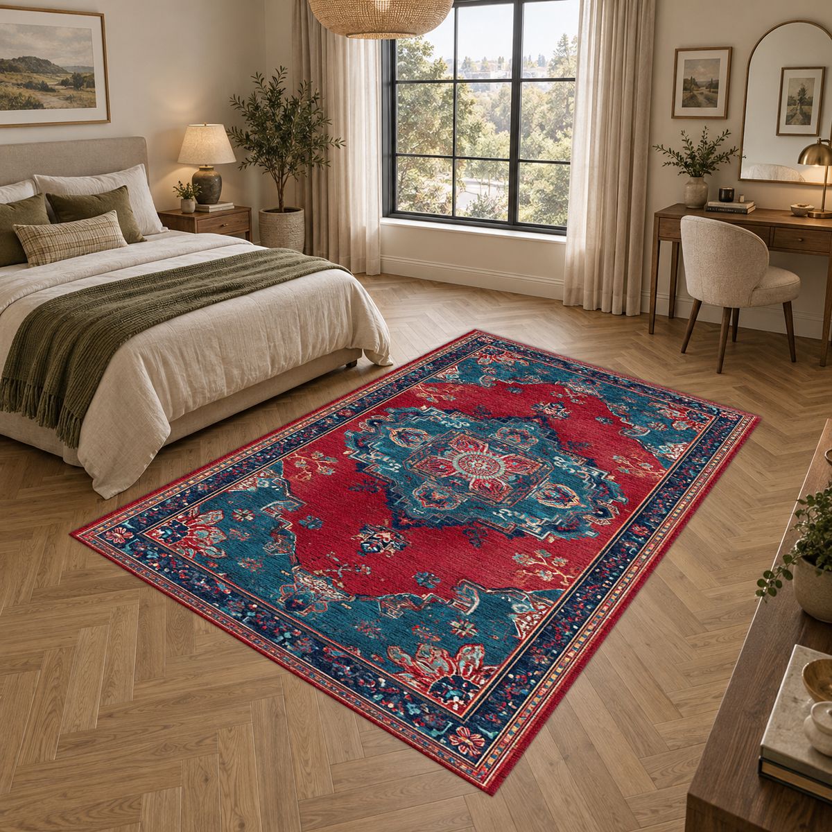 Red and Turquoise Bohemian Medallion printed area rug