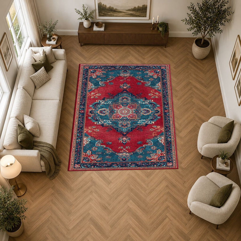 Red and Turquoise Bohemian Medallion printed area rug