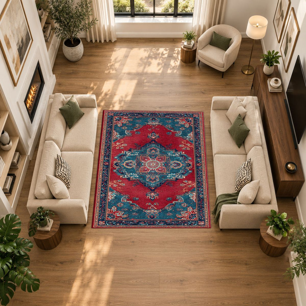 Red and Turquoise Bohemian Medallion printed area rug