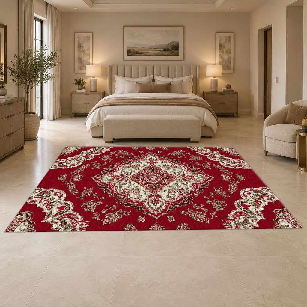 Crimson and Ivory Floral Persian printed area rug