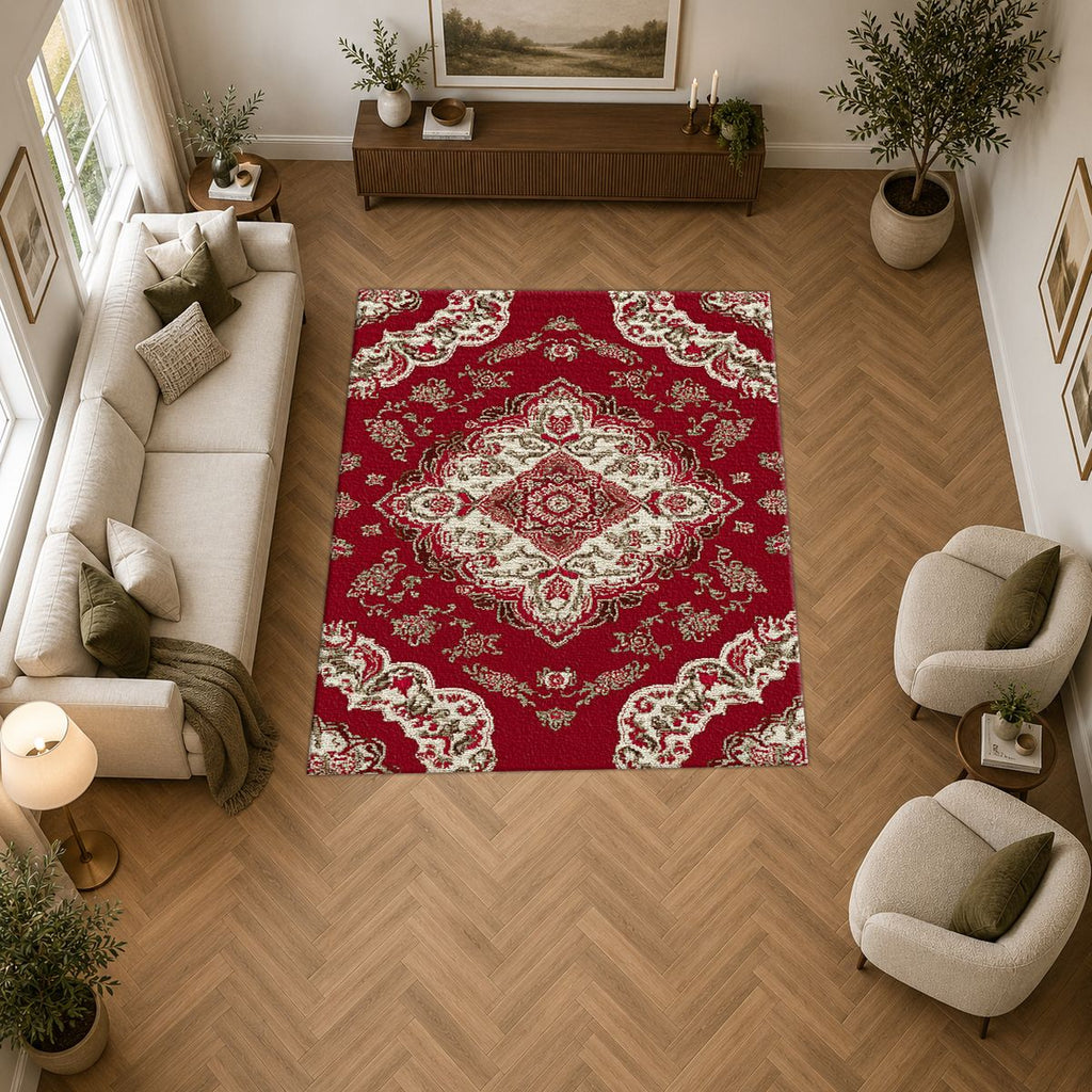 Crimson and Ivory Floral Persian printed area rug