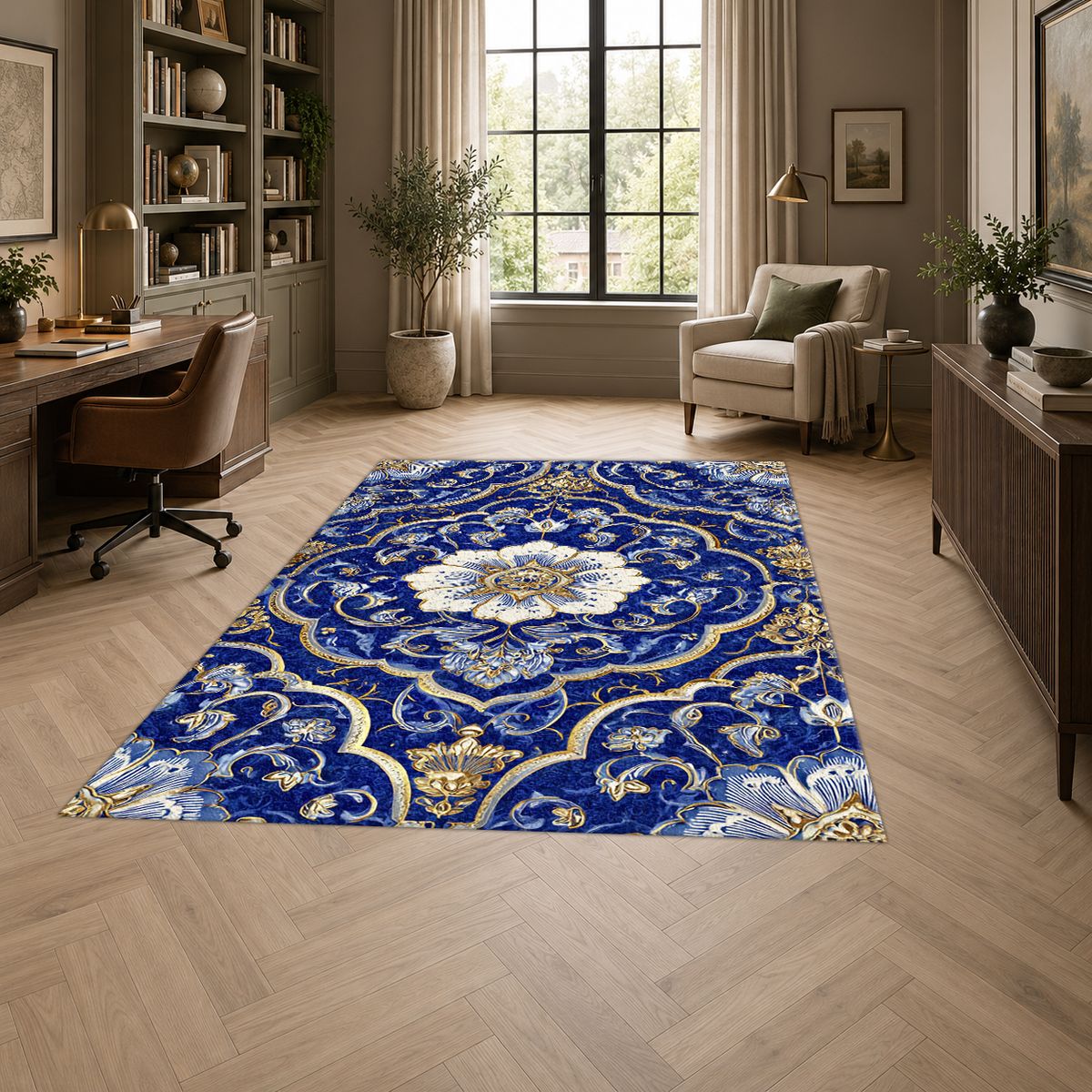 Cobalt Blue and Gold Floral Medallion printed area rug