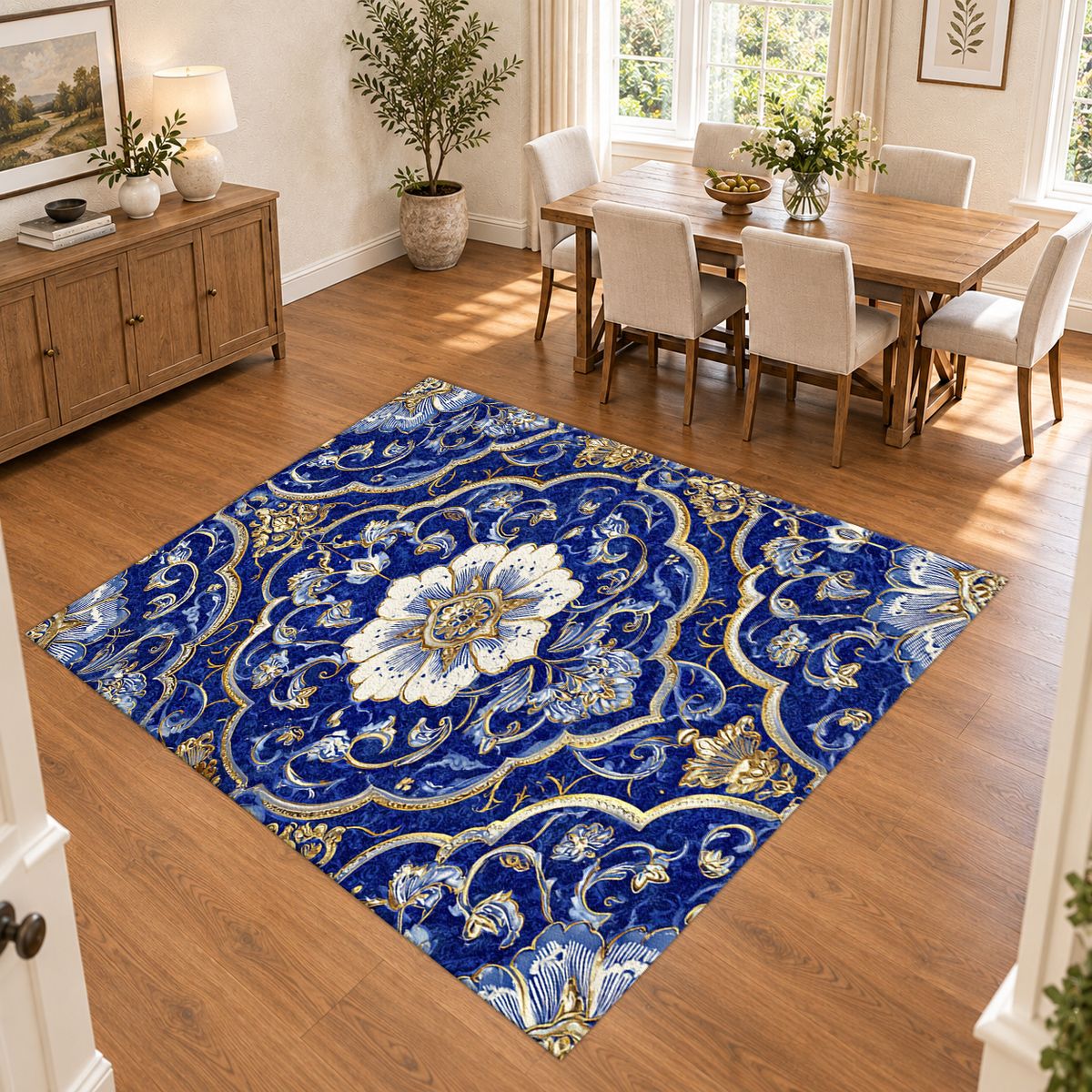 Cobalt Blue and Gold Floral Medallion printed area rug