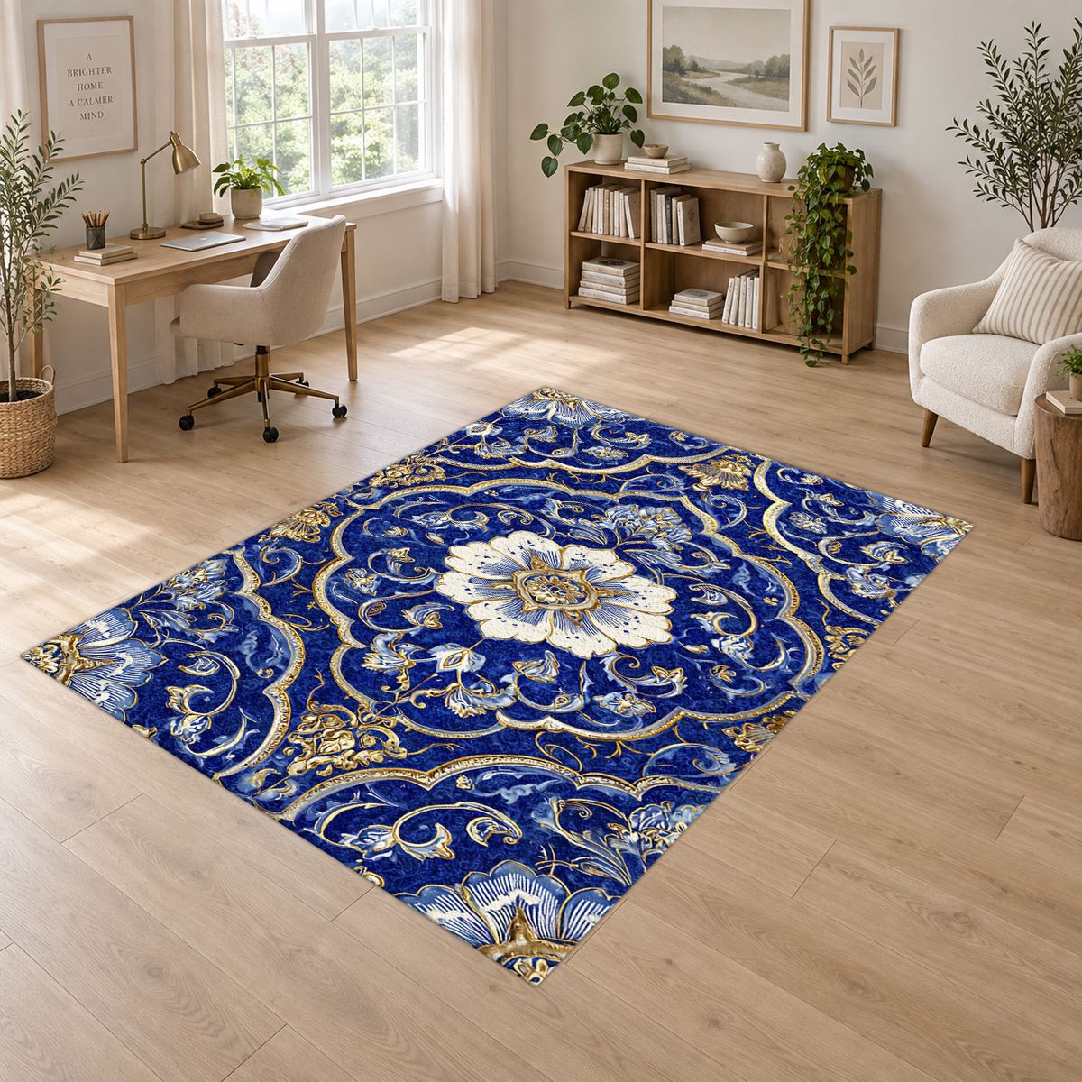 Cobalt Blue and Gold Floral Medallion printed area rug