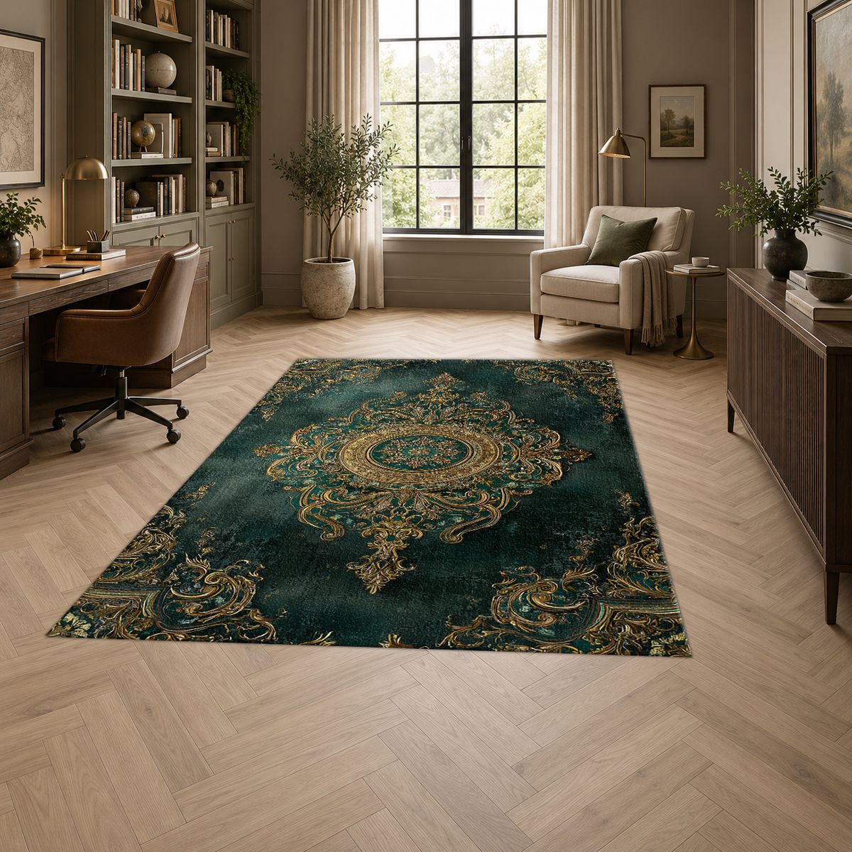 Forest Green and Gold Damask Medallion printed area rug