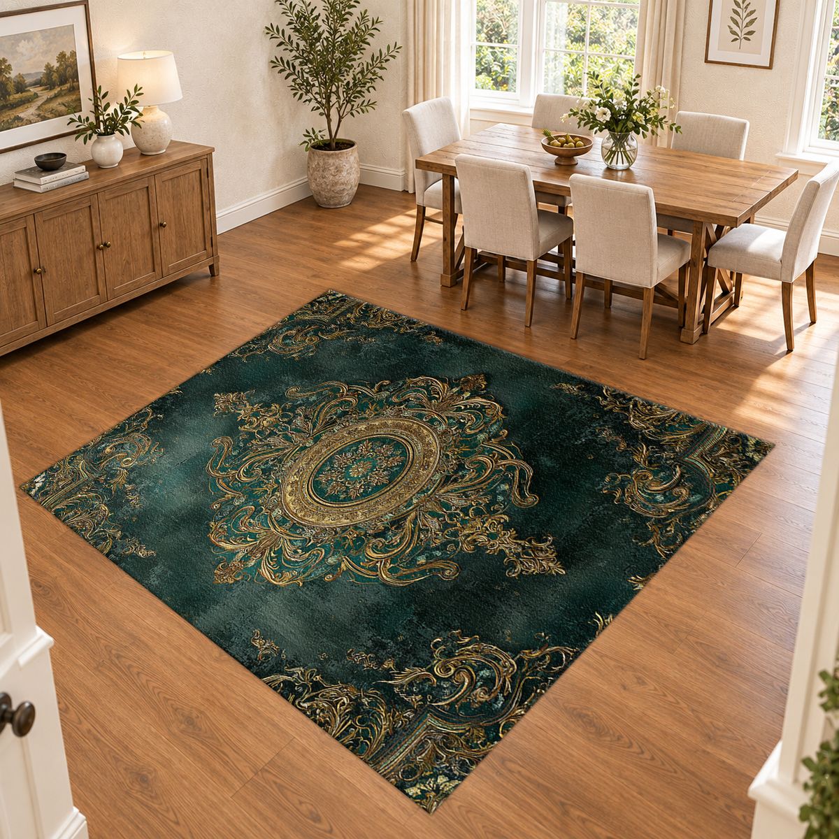 Forest Green and Gold Damask Medallion printed area rug