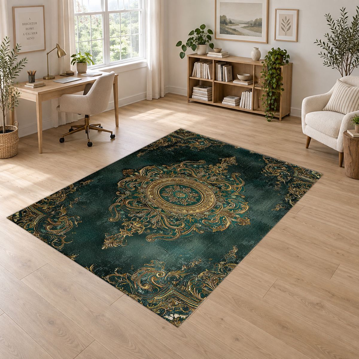 Forest Green and Gold Damask Medallion printed area rug