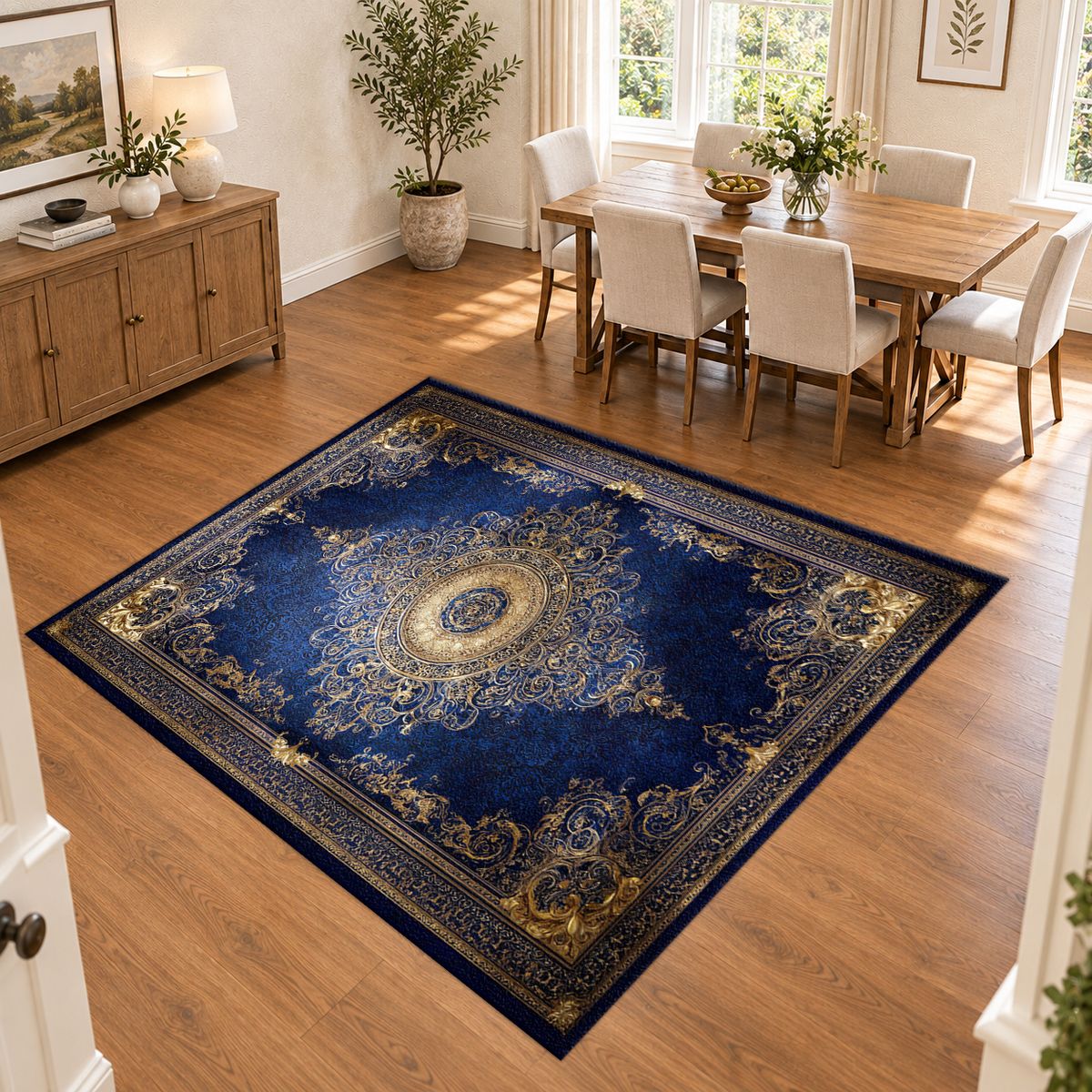 Royal Blue and Gold Luxury Medallion printed area rug