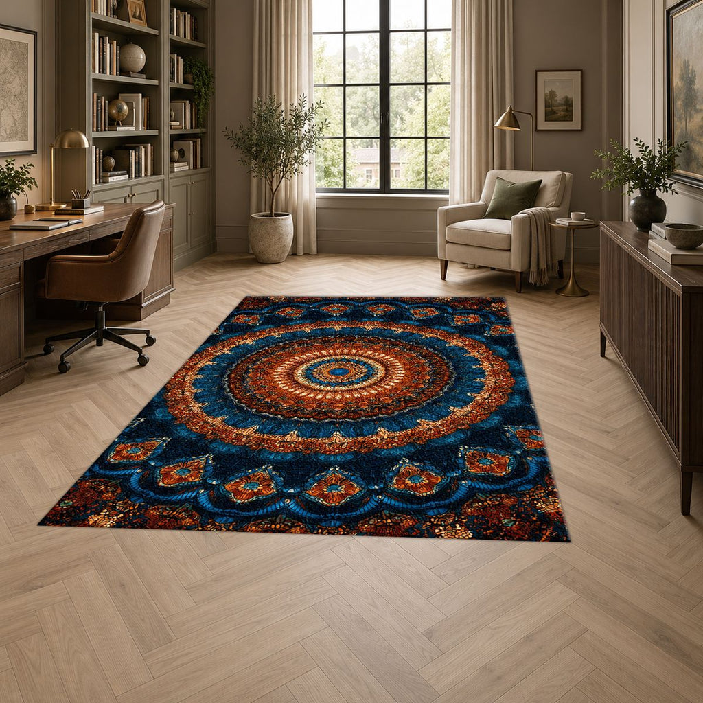 Navy and Orange Boho Mandala printed area rug