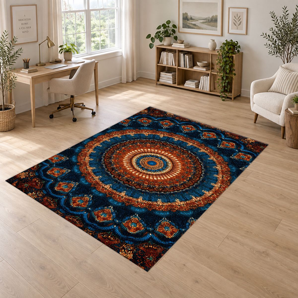 Navy and Orange Boho Mandala printed area rug