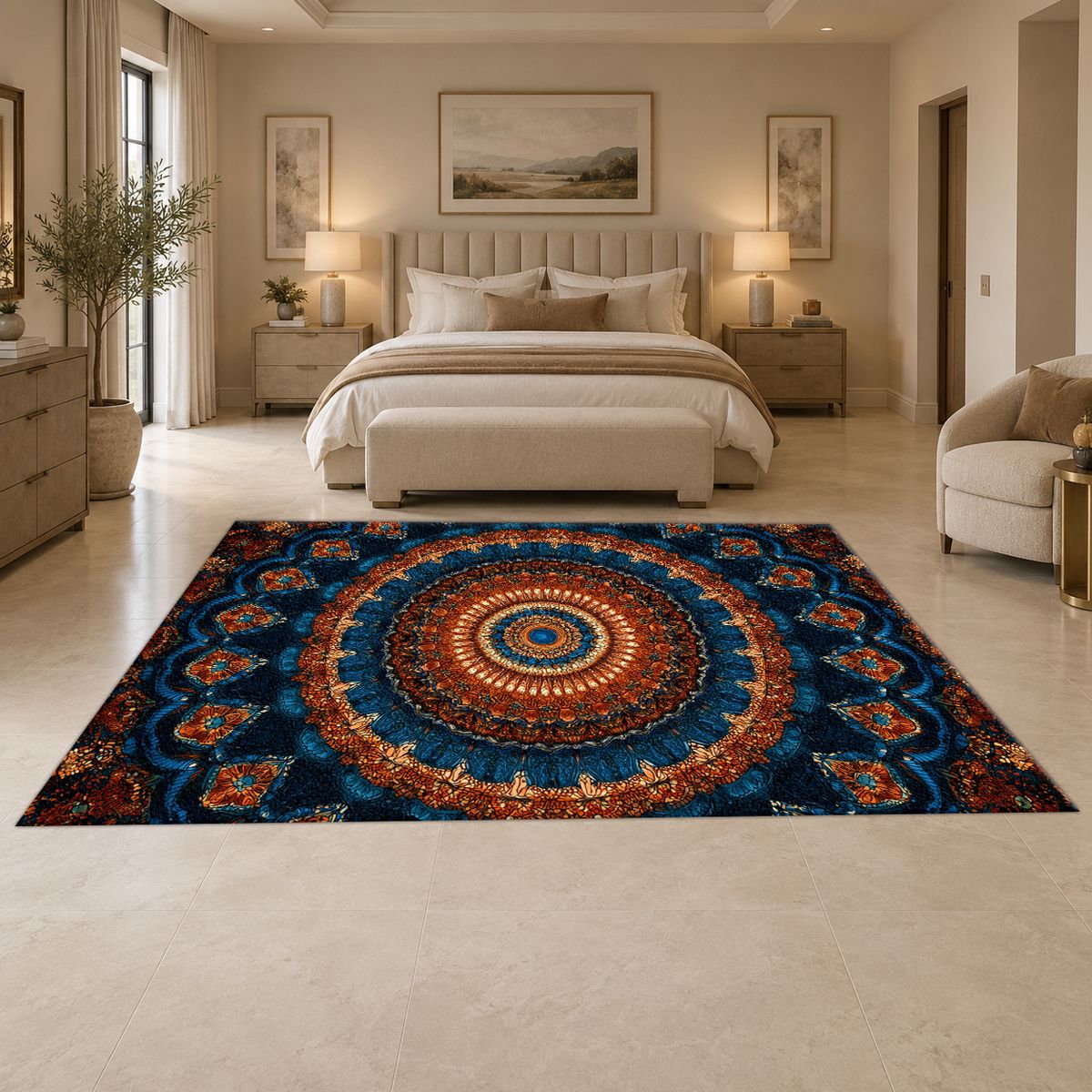 Navy and Orange Boho Mandala printed area rug