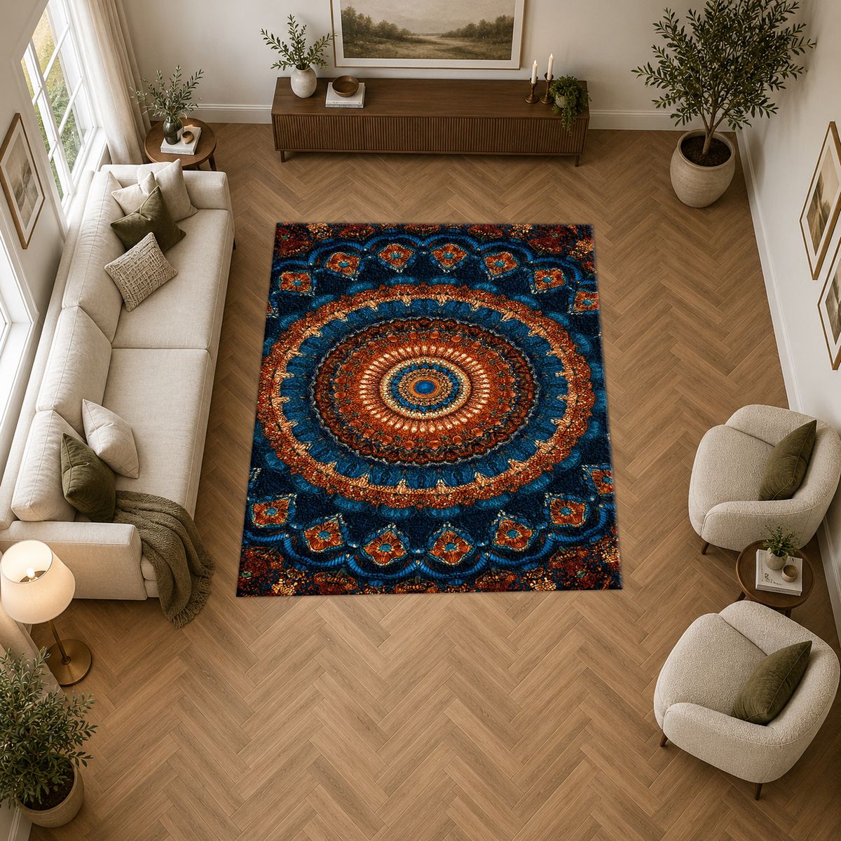 Navy and Orange Boho Mandala printed area rug