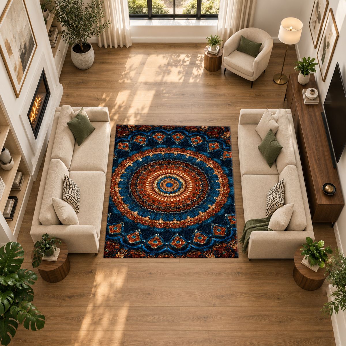 Navy and Orange Boho Mandala printed area rug