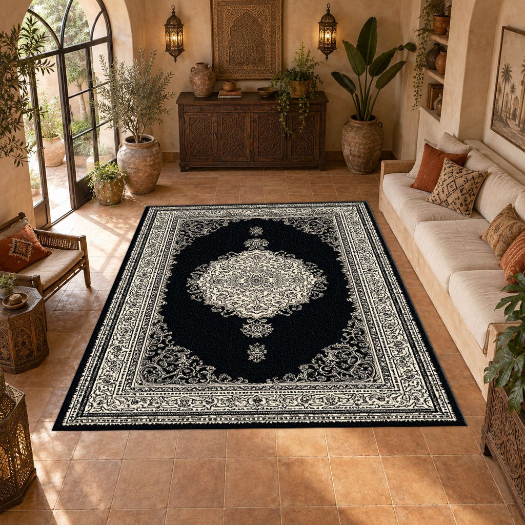 Black and Silver Classic Medallion printed area rug