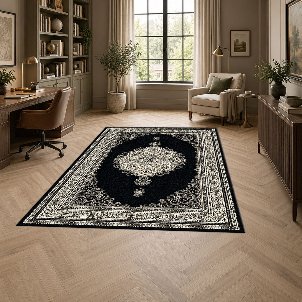 Black and Silver Classic Medallion printed area rug