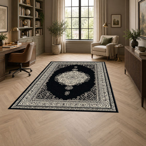 Black and Silver Classic Medallion printed area rug