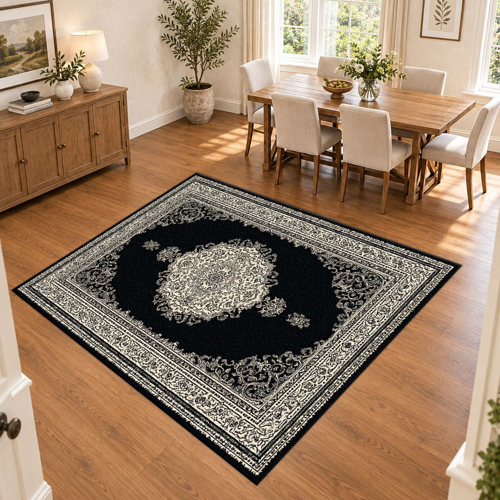 Black and Silver Classic Medallion printed area rug