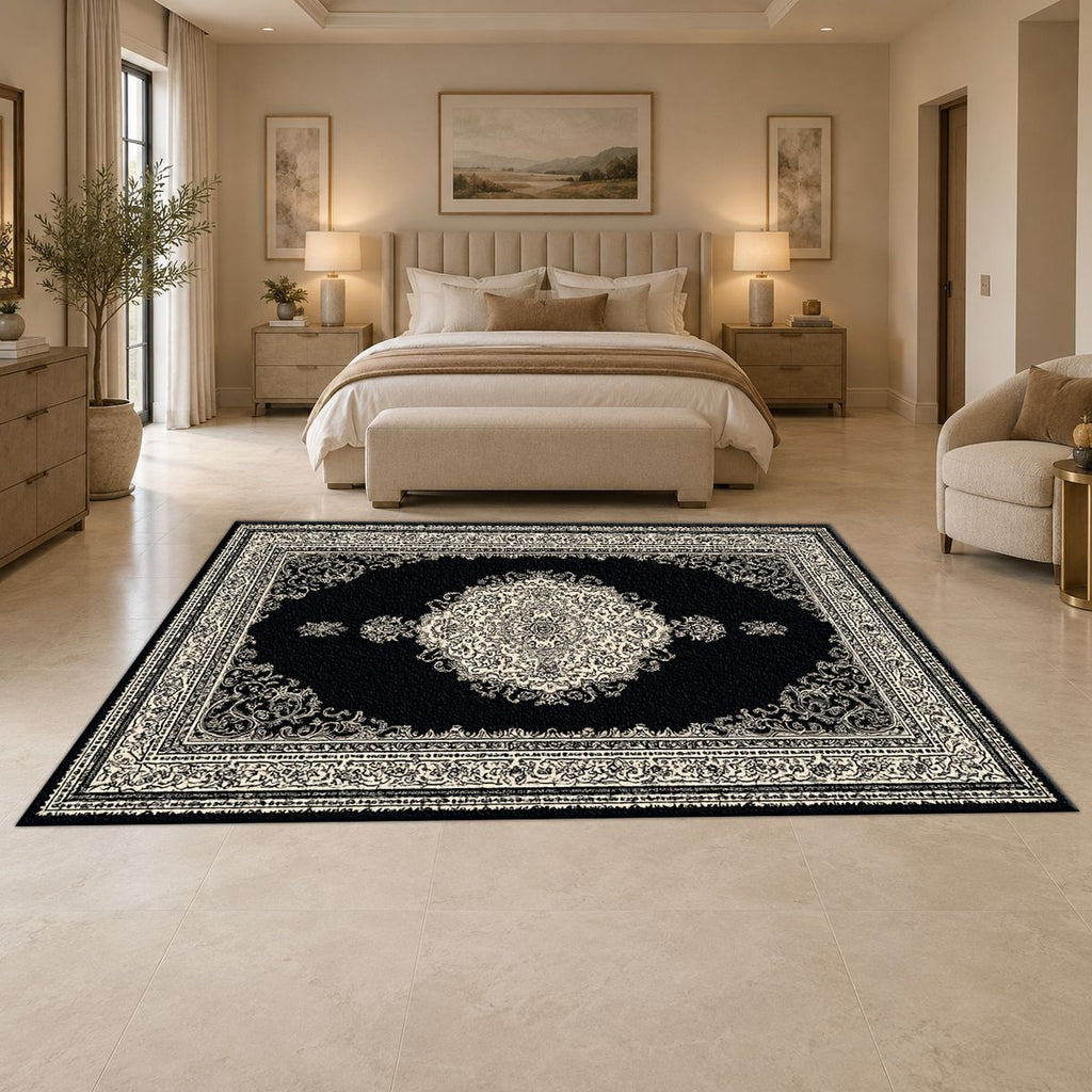 Black and Silver Classic Medallion printed area rug