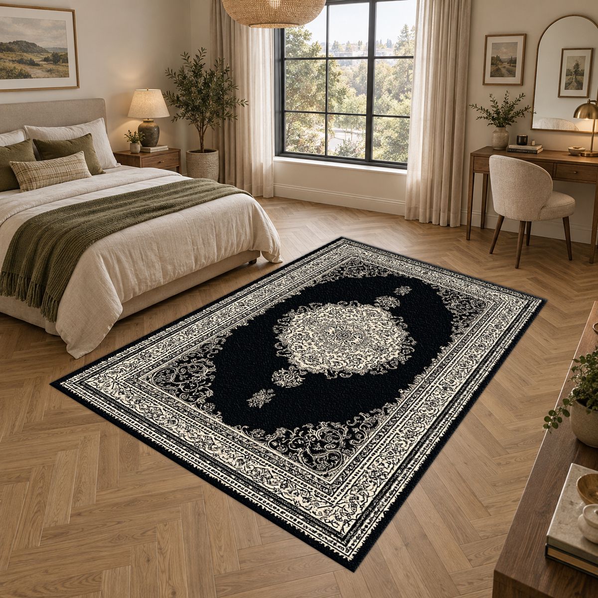Black and Silver Classic Medallion printed area rug