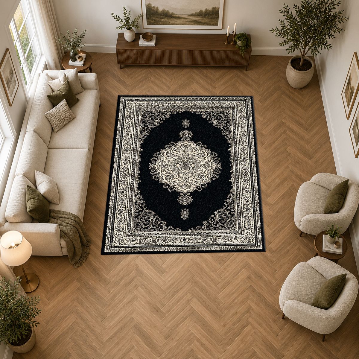 Black and Silver Classic Medallion printed area rug