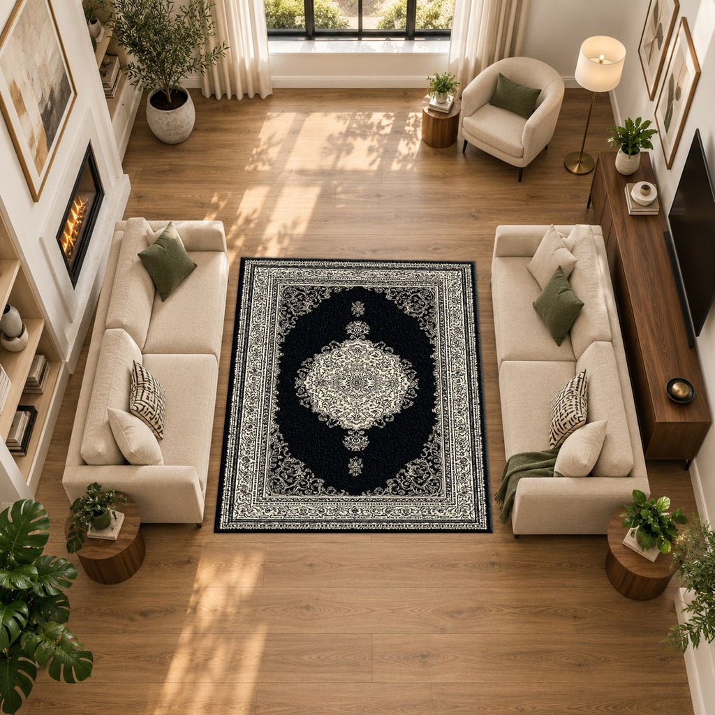 Black and Silver Classic Medallion printed area rug