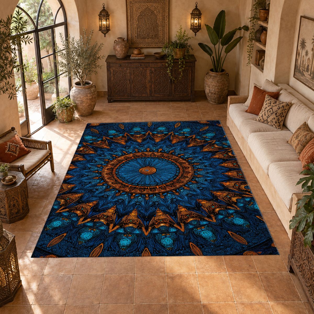 Blue and Copper Starburst Mandala printed area rug