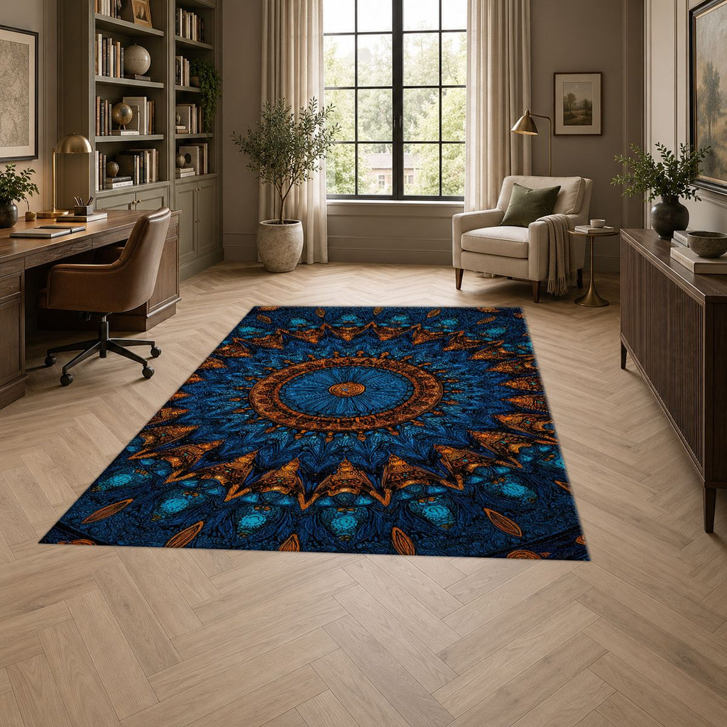 Blue and Copper Starburst Mandala printed area rug