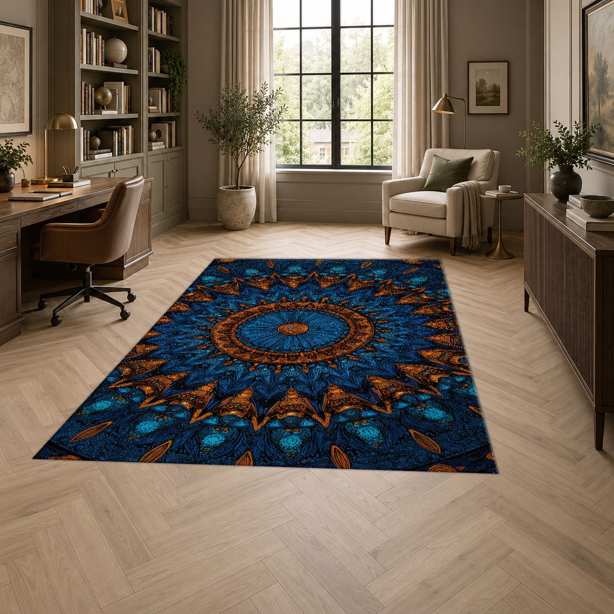 Blue and Copper Starburst Mandala printed area rug
