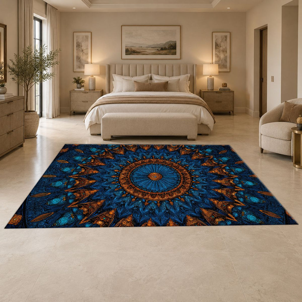 Blue and Copper Starburst Mandala printed area rug