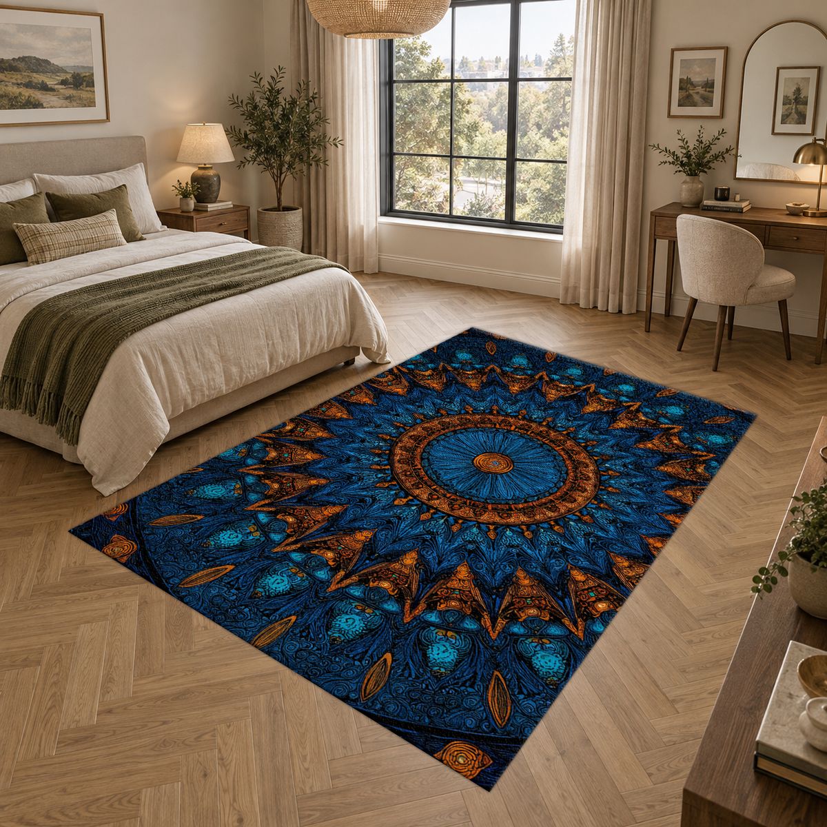 Blue and Copper Starburst Mandala printed area rug
