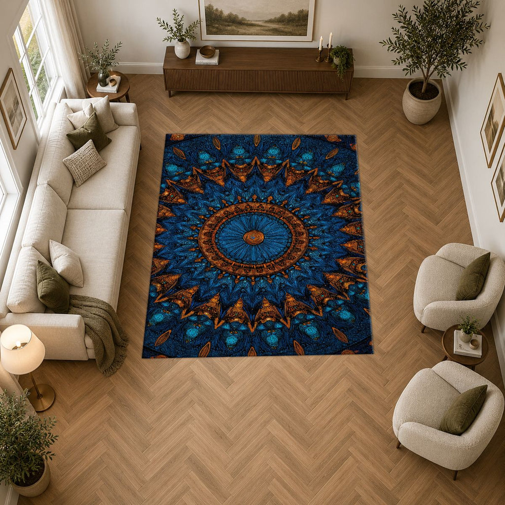 Blue and Copper Starburst Mandala printed area rug