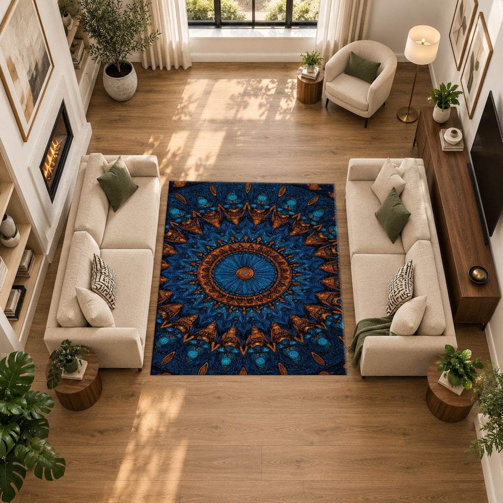 Blue and Copper Starburst Mandala printed area rug