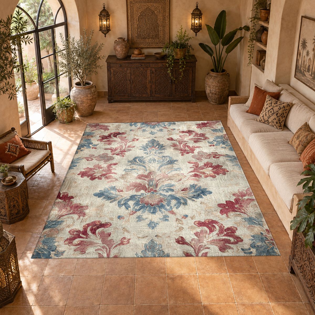 Faded Red and Blue Damask printed area rug