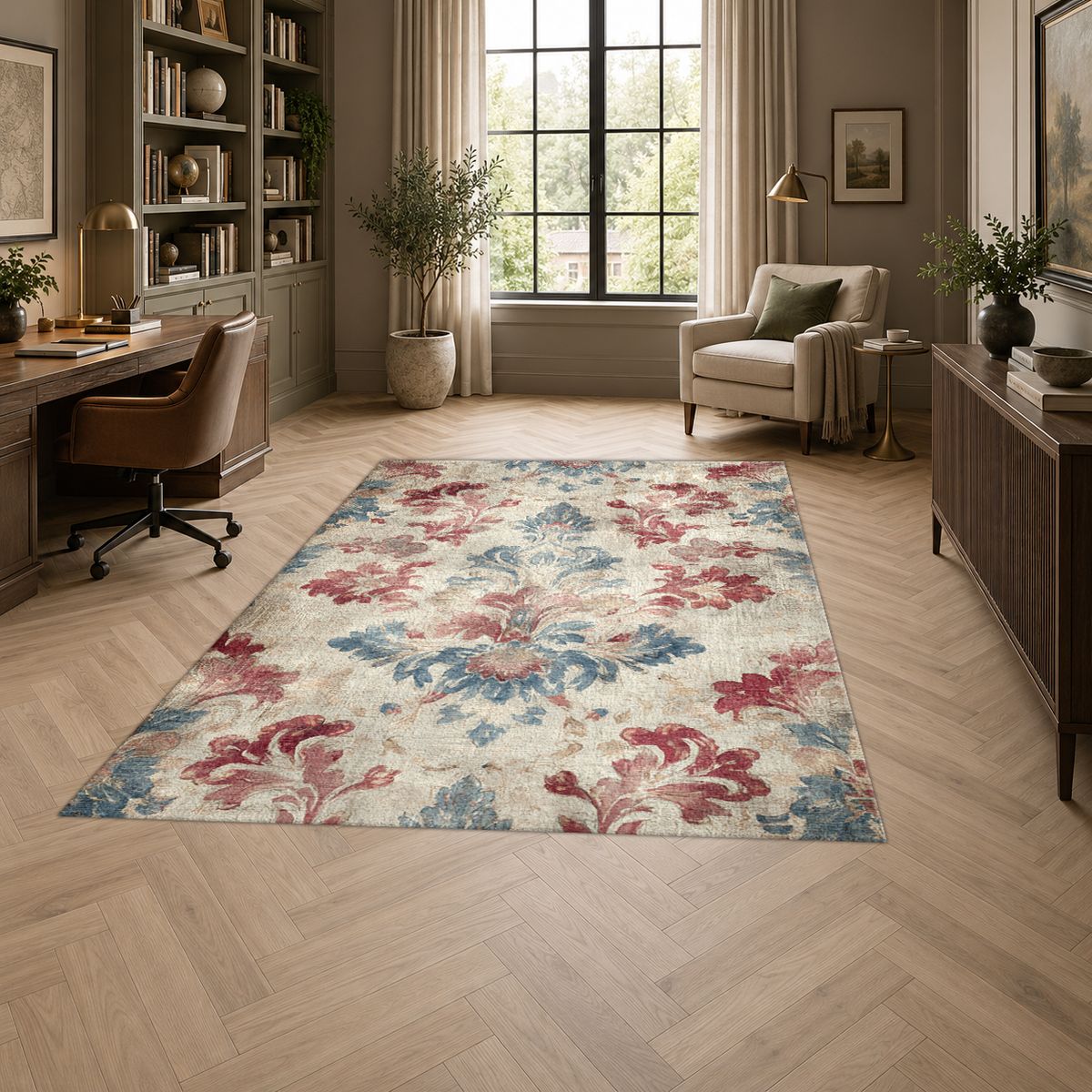 Faded Red and Blue Damask printed area rug